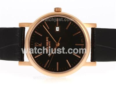 Patek Philippe Classic Rose Gold Case with Black Dial and Leather Strap