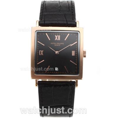 Patek Philippe Classic Rose Gold Case with Black Dial-Leather Strap