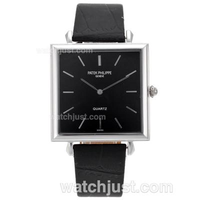 Patek Philippe Classic Stick Markers with Black Dial-Leather Strap