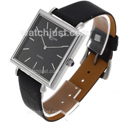 Patek Philippe Classic Stick Markers with Black Dial-Leather Strap