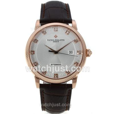 Patek Philippe Classic Swiss ETA 2824 Movement Diamond Markers Rose Gold Case with Grey Dial-Leather Strap