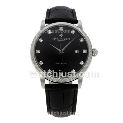 Patek Philippe Classic Swiss ETA 2824 Movement Diamond Markers with Black Dial-Leather Strap