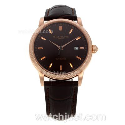 Patek Philippe Classic Swiss ETA 2824 Movement Rose Gold Case Stick Markers with Brown Dial-Leather Strap