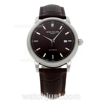 Patek Philippe Classic Swiss ETA 2824 Movement Stick Markers with Brown Dial-Leather Strap