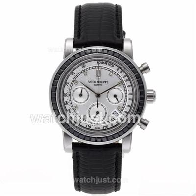 Patek Philippe Classic Working Chronograph Black Diamond Bezel with White Dial-Leather Strap
