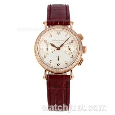 Patek Philippe Classic Working Chronograph Diamond Bezel Rose Gold Case with White Dial-Burgundy Leather Strap