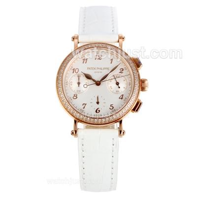 Patek Philippe Classic Working Chronograph Diamond Bezel Rose Gold Case with White Dial-White Leather Strap