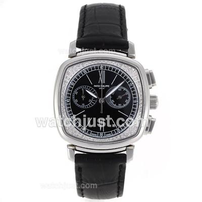 Patek Philippe Classic Working Chronograph Diamond Bezel with Black Dial-Sapphire Glass