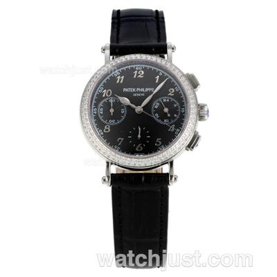 Patek Philippe Classic Working Chronograph Diamond Bezel with White Dial- Black Leather Strap