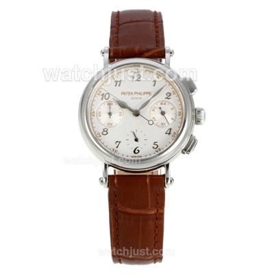 Patek Philippe Classic Working Chronograph Diamond Bezel with White Dial- Brown Leather Strap