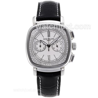 Patek Philippe Classic Working Chronograph Diamond Bezel with White Dial-Black Leather Strap