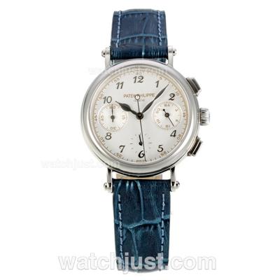 Patek Philippe Classic Working Chronograph Diamond Bezel with White Dial-Blue Leather Strap