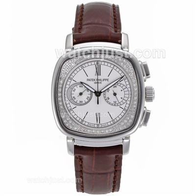Patek Philippe Classic Working Chronograph Diamond Bezel with White Dial-Brown Leather Strap