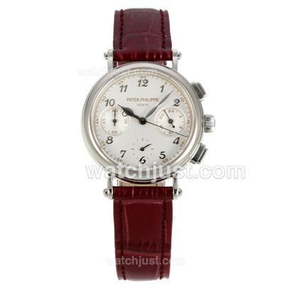 Patek Philippe Classic Working Chronograph Diamond Bezel with White Dial-Burgundy Leather Strap