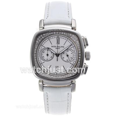 Patek Philippe Classic Working Chronograph Diamond Bezel with White Dial-White Leather Strap