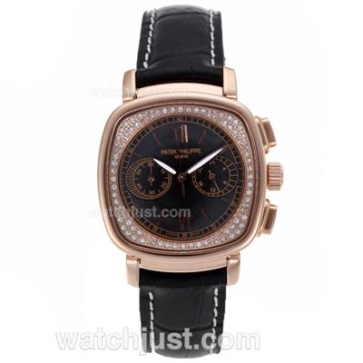 Patek Philippe Classic Working Chronograph Rose Gold Case Diamond Bezel with Black Dial-Leather Strap