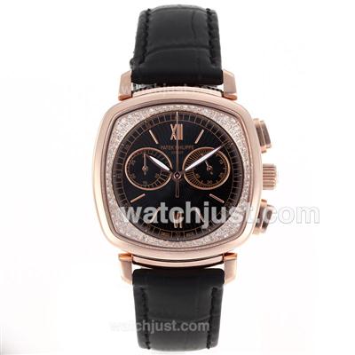 Patek Philippe Classic Working Chronograph Rose Gold Case Diamond Bezel with Black Dial-Sapphire Glass