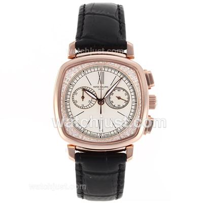 Patek Philippe Classic Working Chronograph Rose Gold Case Diamond Bezel with White Dial-Sapphire Glass