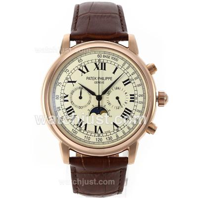 Patek Philippe Classic Working Chronograph Rose Gold Case with Beige Dial-Roman Markers