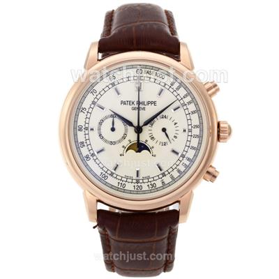 Patek Philippe Classic Working Chronograph Rose Gold Case with Beige Dial-Stick Markers