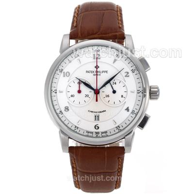 Patek Philippe Classic Working Chronograph with White Dial-Leather Strap