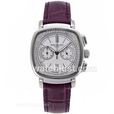 Patek Philippe Classic Working Chronograph with White Dial-Purple Leather Strap