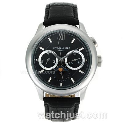 Patek Philippe Moonphase Automatic Stick Markers with Black Dial-Leather Strap