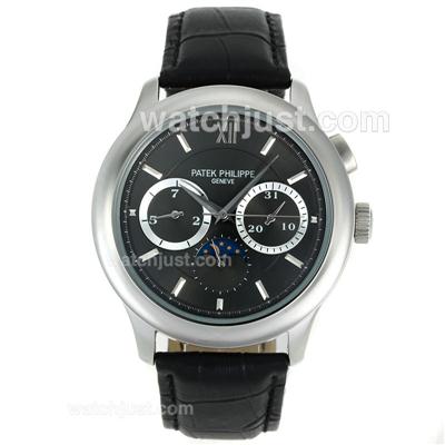 Patek Philippe Moonphase Automatic Stick Markers with Gray Dial-Leather Strap