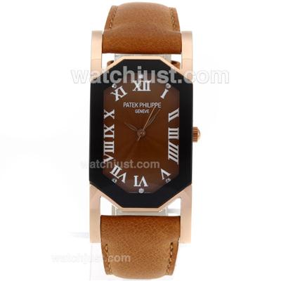 Patek Philippe Rose Gold Case Black Bezel with Brown Dial Roman Markers-Leather Strap