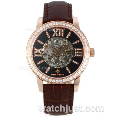 Patek Philippe Skeleton Automatic Rose Gold Case Diamond Bezel with Brown Leather Strap-Sapphire Glass