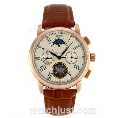 Patek Philippe Tourbillon Automatic Rose Gold Case Roman Markers with Chamgagne Dial-Leather Strap