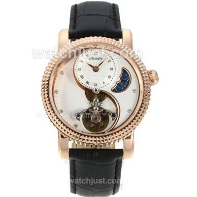 Patek Philippe Tourbillon Automatic Rose Gold Case with White Dial-Leather Strap