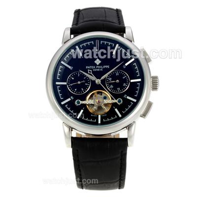 Patek Philippe Tourbillon Automatic Stick Markers with Black Dial-Leather Strap