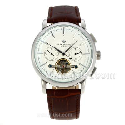 Patek Philippe Tourbillon Automatic Stick Markers with White Dial-Leather Strap