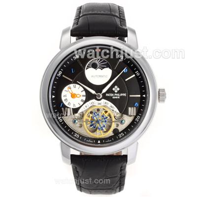 Patek Philippe Tourbillon Automatic Two Time Zone with Black Dial-Leather Strap