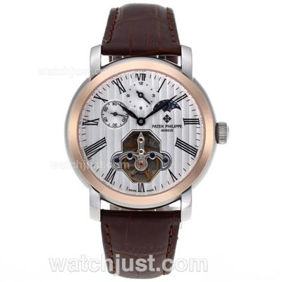 Patek Philippe Tourbillon Automatic Two Tone Case Roman Markers with White Dial-Leather Strap