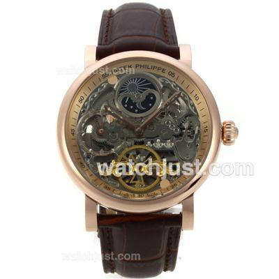 Patek Philippe Working Two Time Zone Automatic Rose Gold Case with Skeleton Dial-Leather Strap