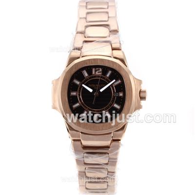 Patek Philippe Nautilus Automatic Full Rose Gold Stick Markers with Black Dial-Sapphire Glass