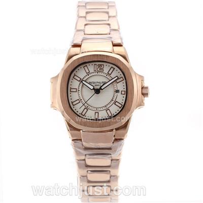 Patek Philippe Nautilus Automatic Full Rose Gold Stick Markers with White Dial-Sapphire Glass