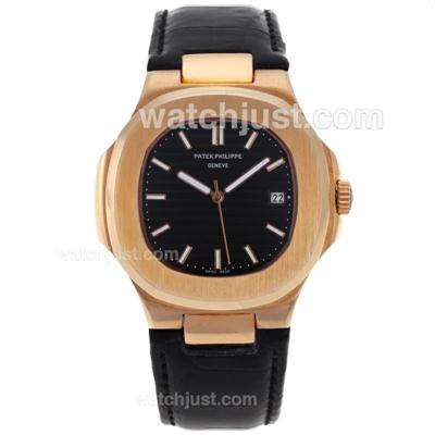 Patek Philippe Nautilus Automatic Rose Gold Case with Black Dial-Leather Strap