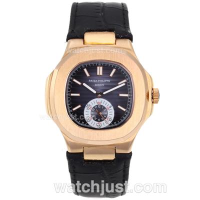 Patek Philippe Nautilus Automatic Rose Gold Case with Blue Dial-Leather Strap