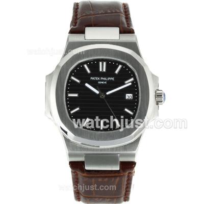 Patek Philippe Nautilus Automatic Stick Markers with Black Dial-Leather Strap