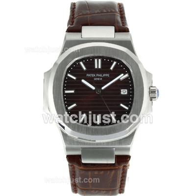 Patek Philippe Nautilus Automatic Stick Markers with Brown Dial-Leather Strap