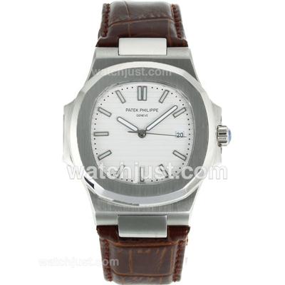 Patek Philippe Nautilus Automatic Stick Markers with White Dial-Leather Strap