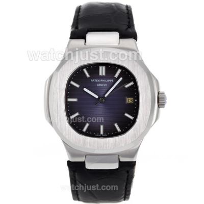 Patek Philippe Nautilus Automatic with Blue Dial-Leather Strap