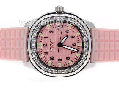 Patek Philippe Nautilus Diamond Bezel with Pink Dial and Strap-Lady Size