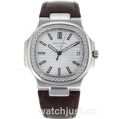 Patek Philippe Nautilus Jumbo MBW Swiss ETA 2824 Movement Diamond Bezel with White Dial-Leather Strap