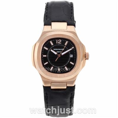 Patek Philippe Nautilus Rose Gold Case with Black Dial-Leather Strap