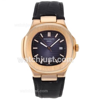 Patek Philippe Nautilus Rose Gold Case with Blue Dial-Leather Strap