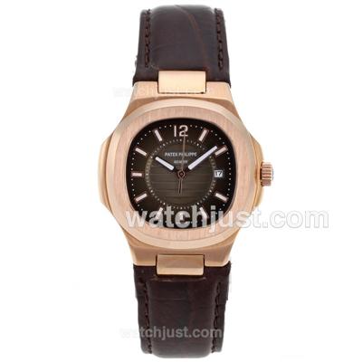 Patek Philippe Nautilus Rose Gold Case with Brown Dial-Leather Strap